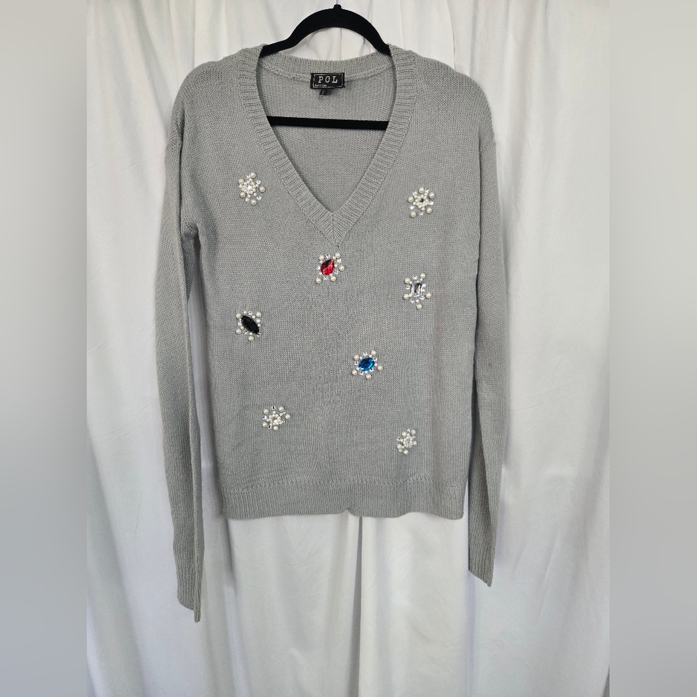 POL Gray V-Neck Soft Sweater with Embellishments